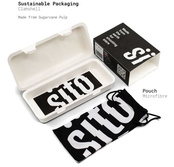 A high-angle commercial product display showcasing the brand's sustainable packaging collection against a white backdrop. The set includes an open clamshell case made from molded white sugarcane pulp featuring an internal black logo card, a black microfibre pouch with a prominent white "SITO" print, and a black slide-out retail box bearing the text "Made from the earth for shooting stars."