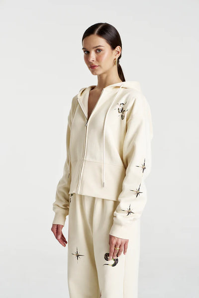 Side profile highlighting the cozy, brushed interior and the structured drape of the 70% cotton and 30% polyester fabrication.
