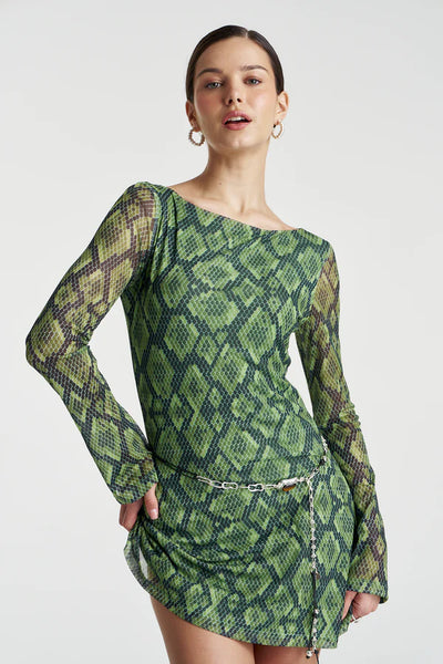 Detailed shot of the sheer mesh Viper print across the shoulders and bodice, focusing on the intricate reptile skin motif.