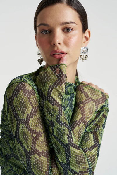 A close-up view of the long sleeves and bodice, highlighting the vibrant Viper print and the delicate texture of the sheer spandex-blend mesh.
