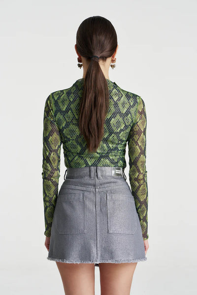 A full rear view of the Mesh LS Rouched Skivvy in Viper, illustrating the continuous snake print pattern and the clean finish of the high-neck silhouette.